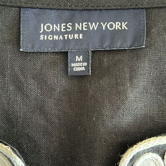 JONES NEW YORK Linen Split Neck Tunic Top Blouse Black Soutache Embroidery Sz. M - Picture 7 of 10